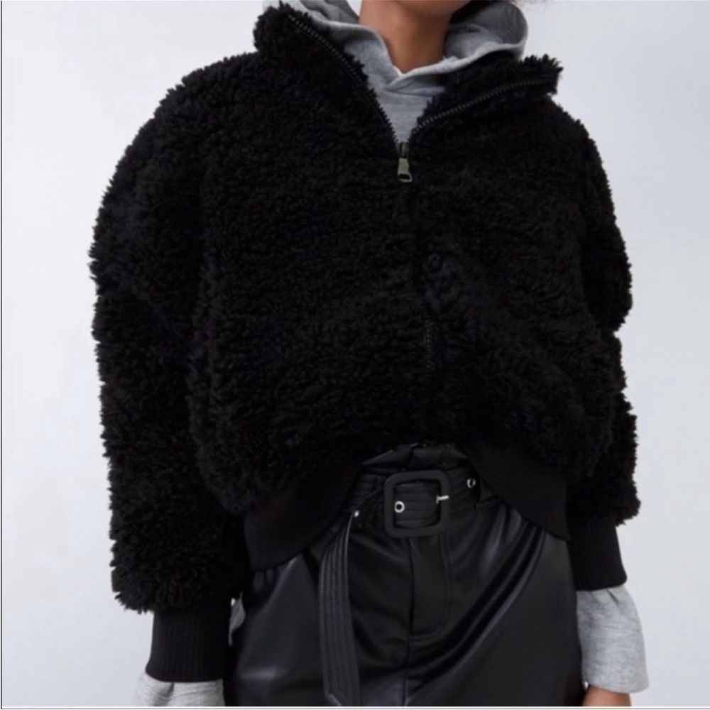 ZARA TRF Sherpa/Teddy Bomber Jacket Black Size L